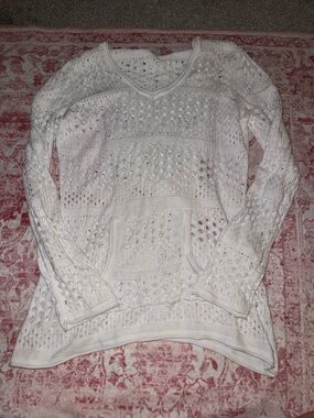 Knit V‑Neck Openwork Pullover Sweater in Ivory